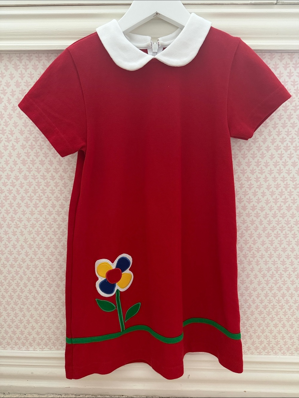 Florence Eiseman Red Dress with White Peter Pan Collar and Floral Applique
